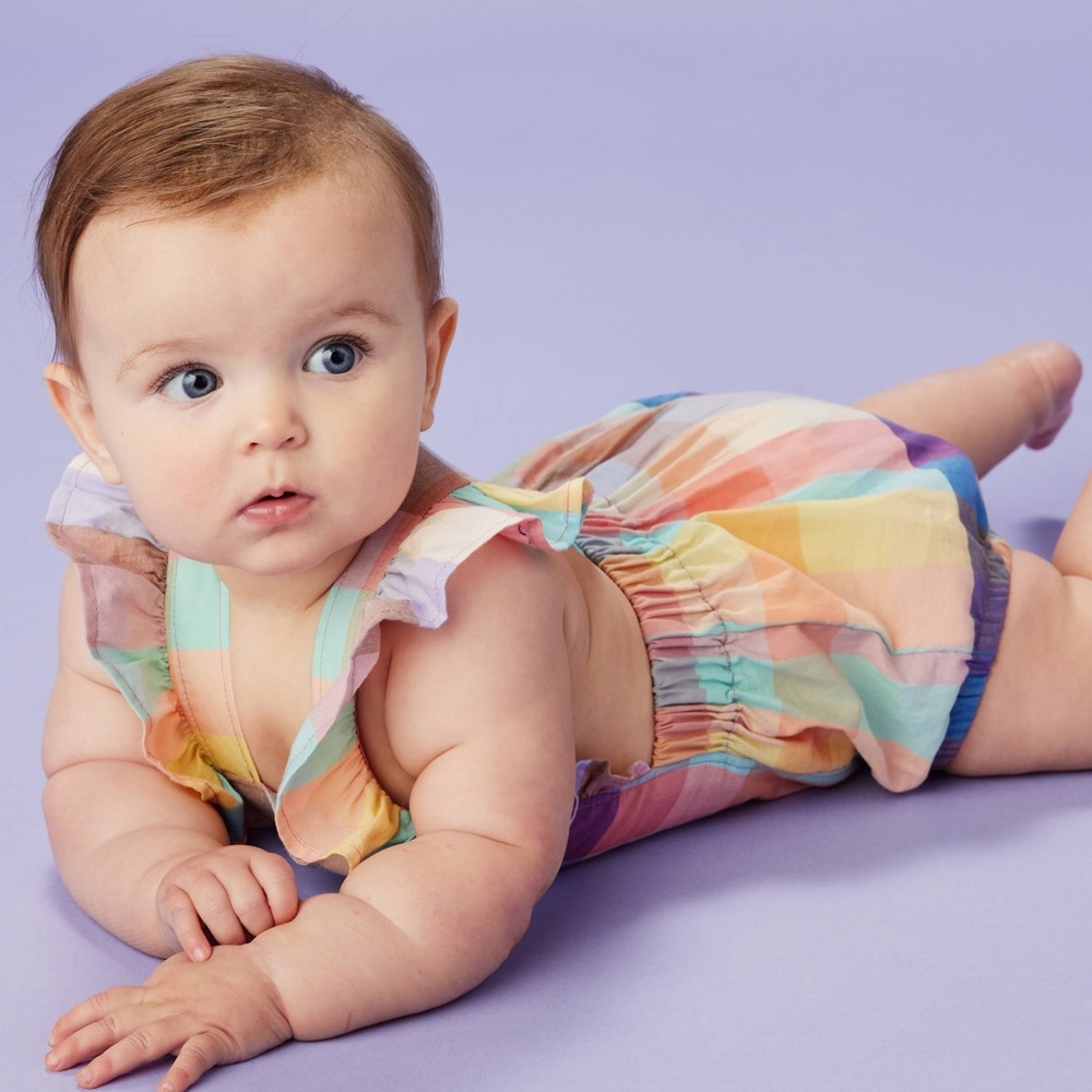 Tea Collection Ruffle Bubble Baby Romper- Feliz Familia Plaid